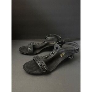 New York Transit Womens Black Beaded T-Strap Wedge Sandals Elastic Straps 11M